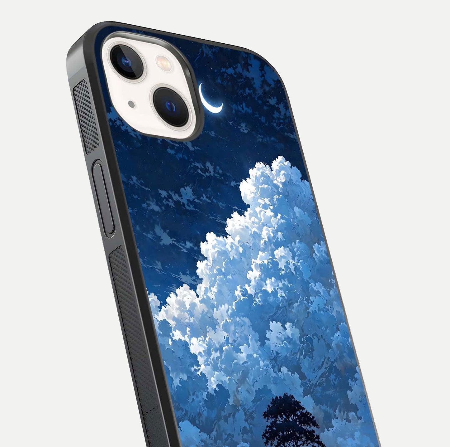 Midnight Sky Serenity Glass Case for iPhone 14 close-up angled shot showing starlit tones and reflection