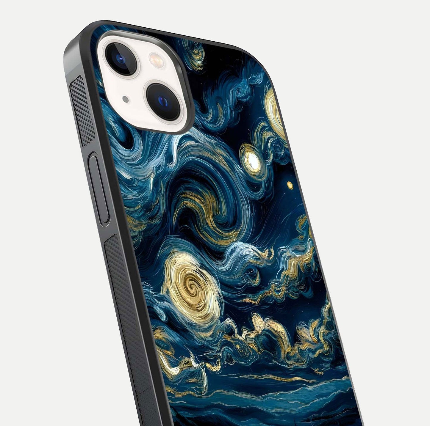 Midnight Sky Whirl Glass Case for iPhone 14 close-up angle showing spiral design and HD gloss reflection