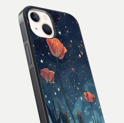 Midnight Tulip Glow Glass Case for iPhone 14 close-up angled shot showing petal details and reflection glow