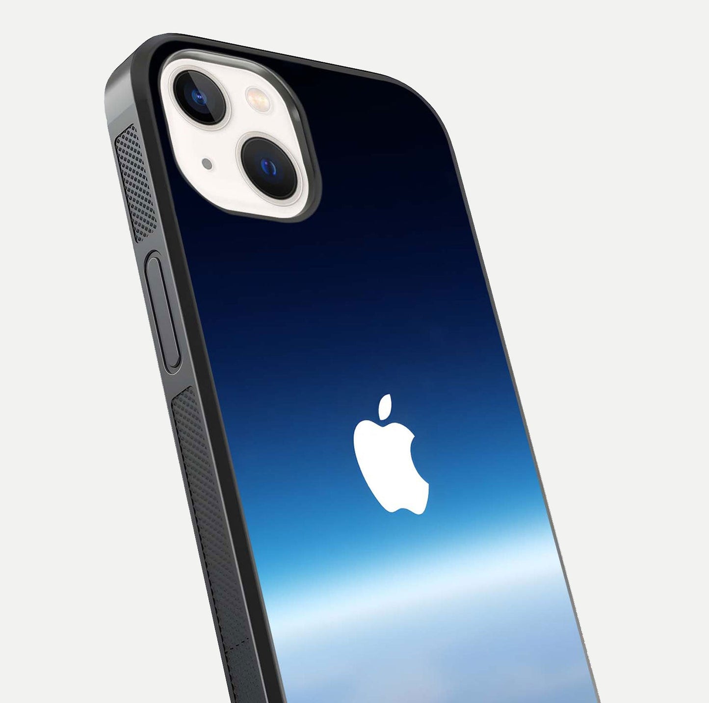 Minimal Apple Sky Glass Case for iPhone 14 close-up angled shot showing pastel blue hues and reflection