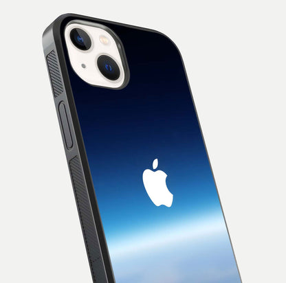 Minimal Apple Sky Glass Case for iPhone 14 close-up angled shot showing pastel blue hues and reflection