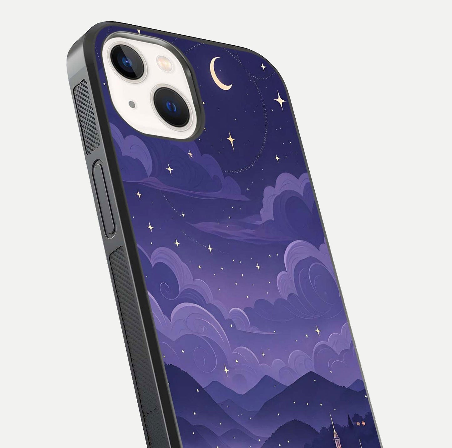 Minimal Night View Glass Case for iPhone 14 close-up angled shot showing lights reflection and dark tone details
