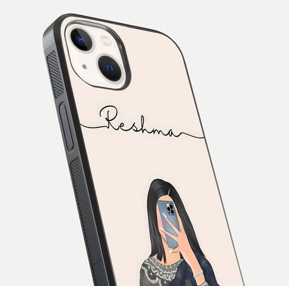 Mirror Mood Muse Custom Name Glass Case for iPhone 14 close-up angled shot highlighting gloss and mirror depth