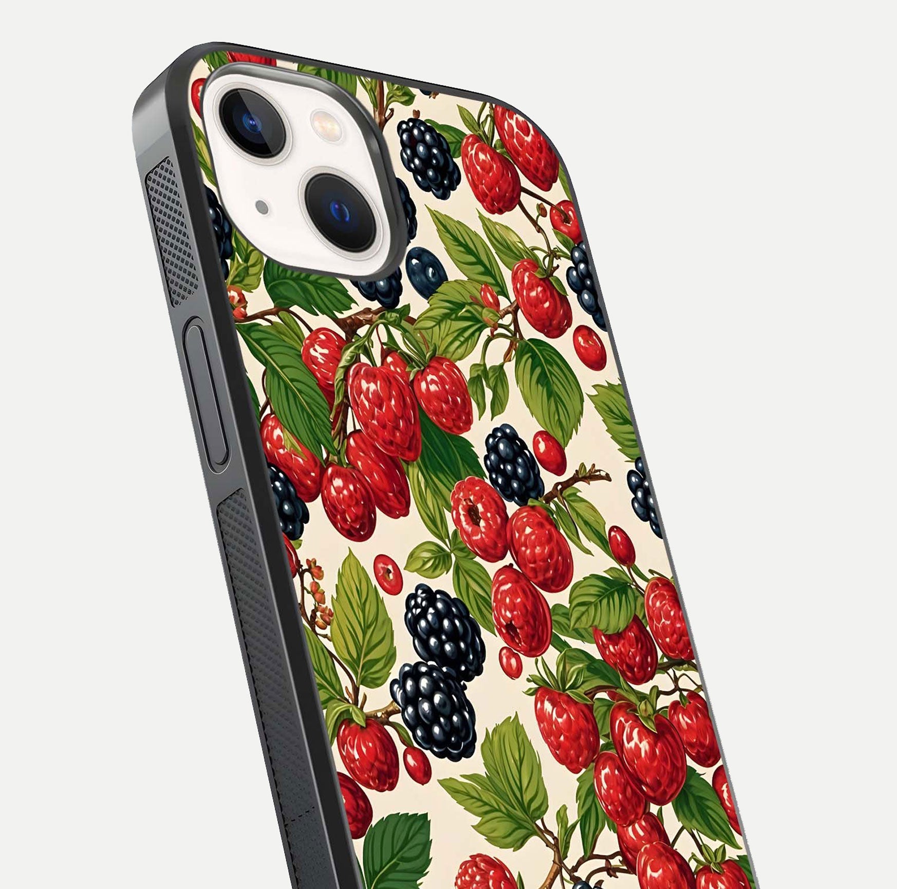Mixed Berry Collage Glass Case for iPhone 14 close-up angled shot showing fruit detail and reflection glow