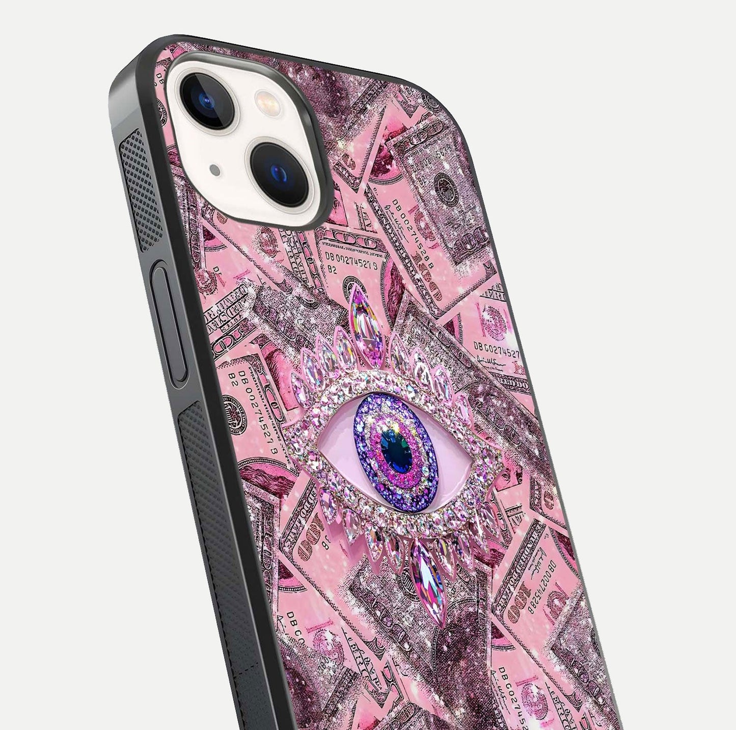 Money Eye Luxe Glass Case for iPhone 14 close-up angled shot showing gold detailing and reflection shine