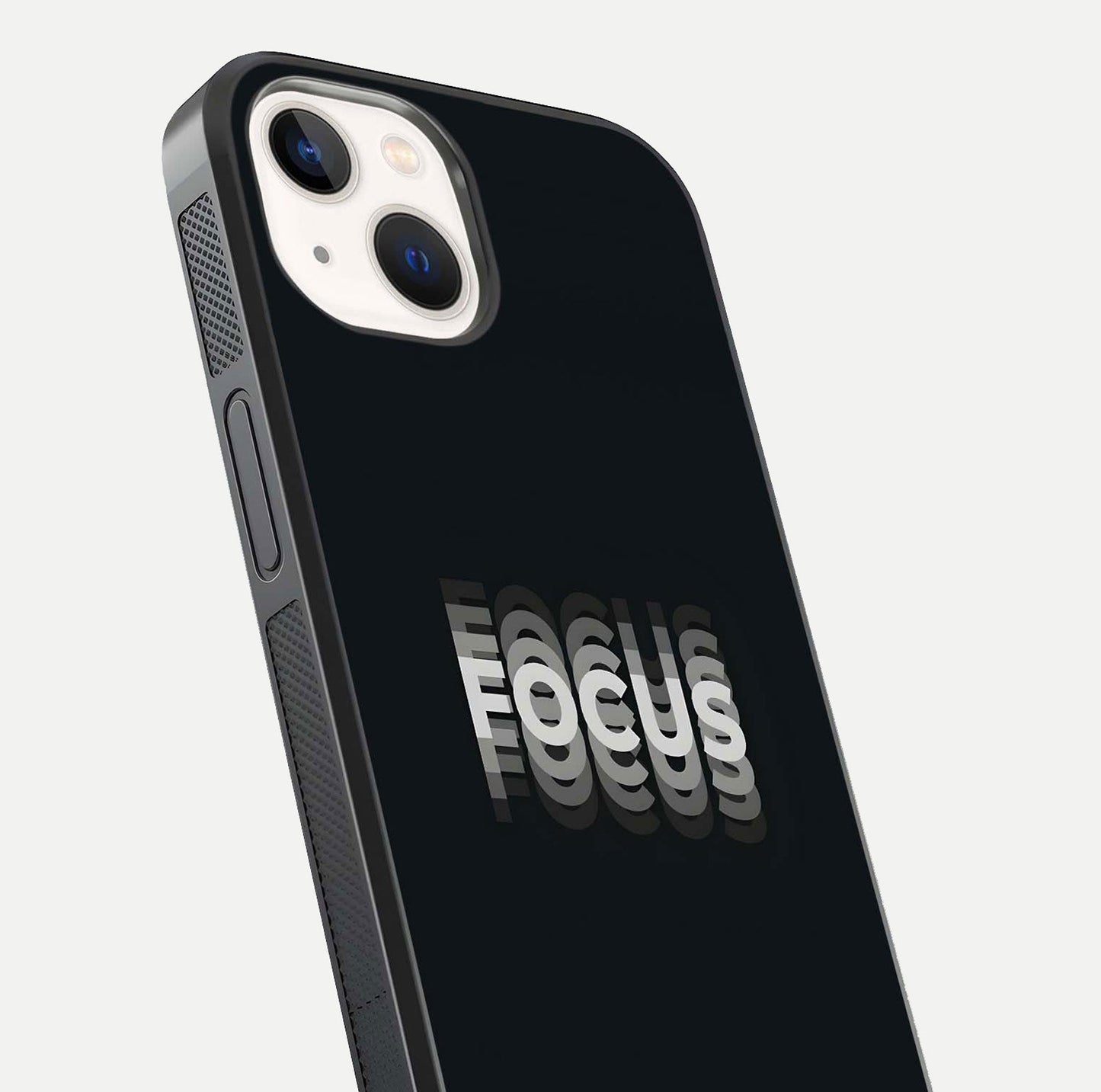 Mono Focus Vision Glass Case for iPhone 14 close-up angled shot highlighting minimal contrast and reflection