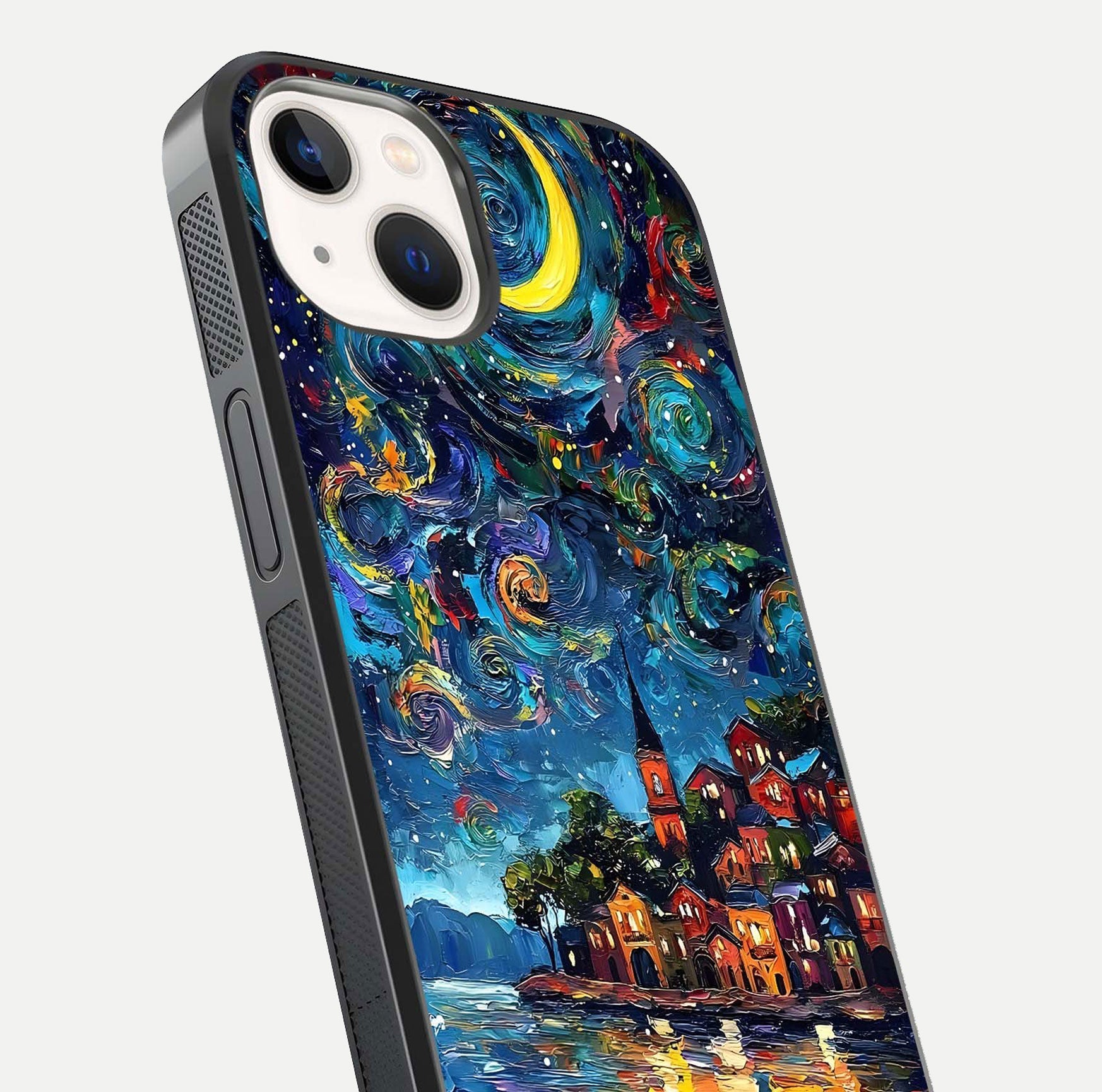 Moonlight Harbor Glow Glass Case for iPhone 14 close-up angled shot showing reflection and moonlight glow