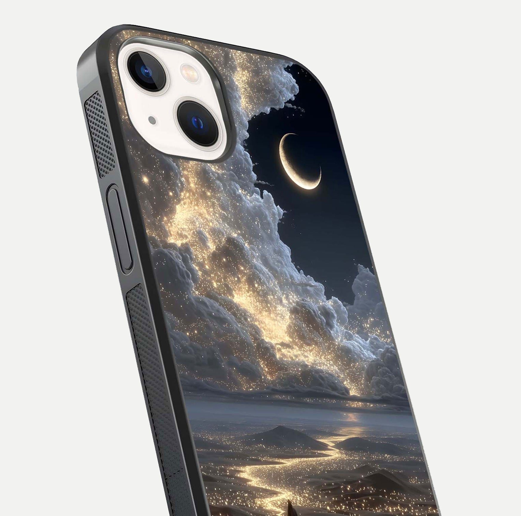 Moonlight Spark Path Glass Case for iPhone 14 close-up angled shot showing glowing stars and reflection