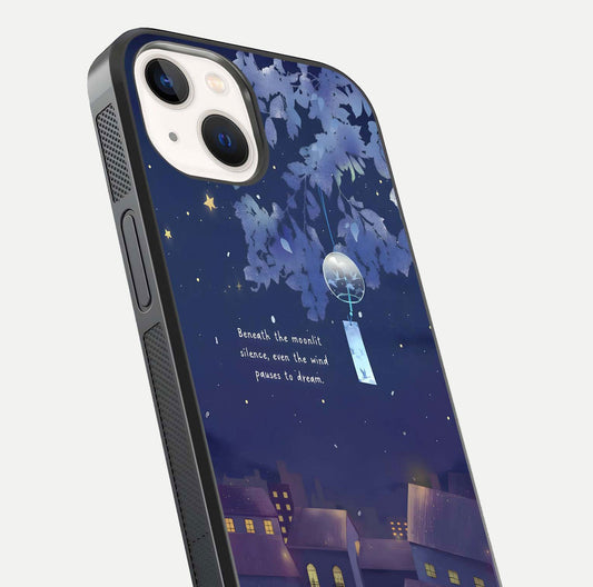 Moonlit Cat Silence Glass Case for iPhone 14 close-up angled shot showing soft glow and reflection texture