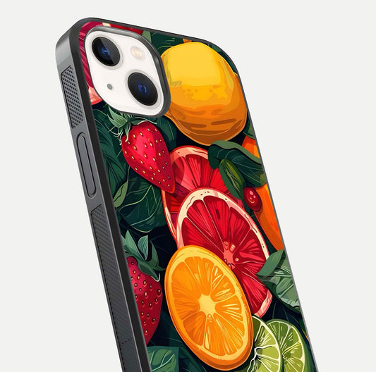 Multiple Fruits Glass Case for iPhone 14 close-up angled shot showing fruit texture and HD gloss shine