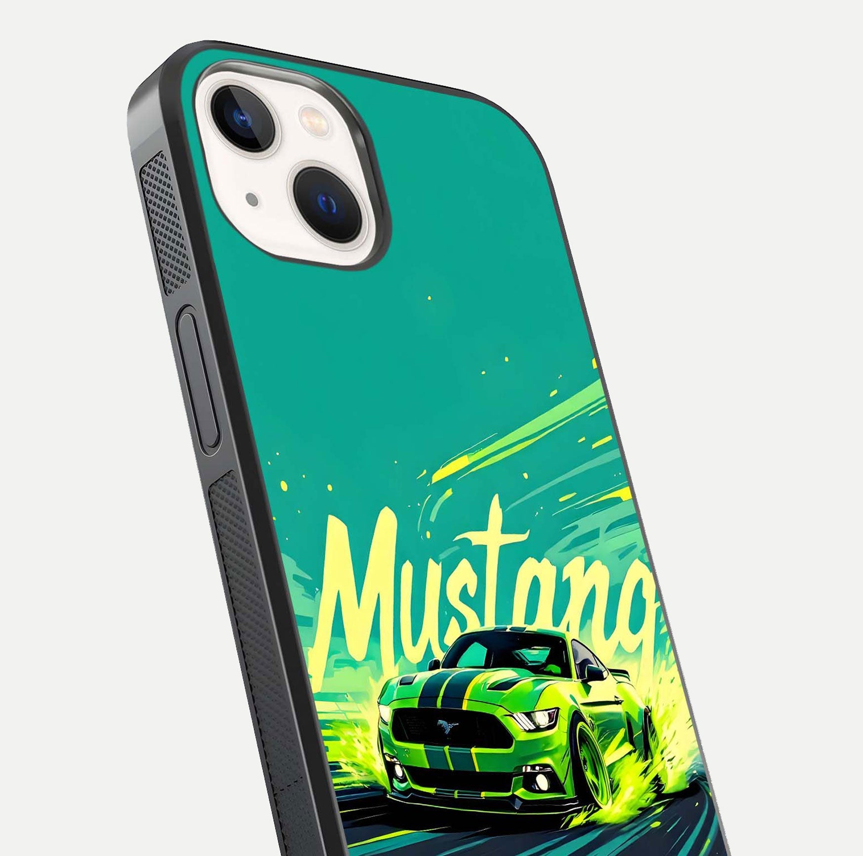 Mustang Bang Glass Case for iPhone 14 close-up angled shot showing car emblem and HD reflection
