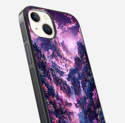 Mystic Cascade Peaks Glass Case for iPhone 14 close-up angled shot showing peak reflections and color gradient