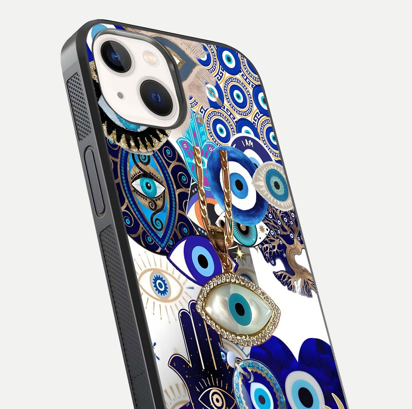 Mystic Charm Eye Glass Case for iPhone 14 close-up angled shot showing detailed eye art and reflection