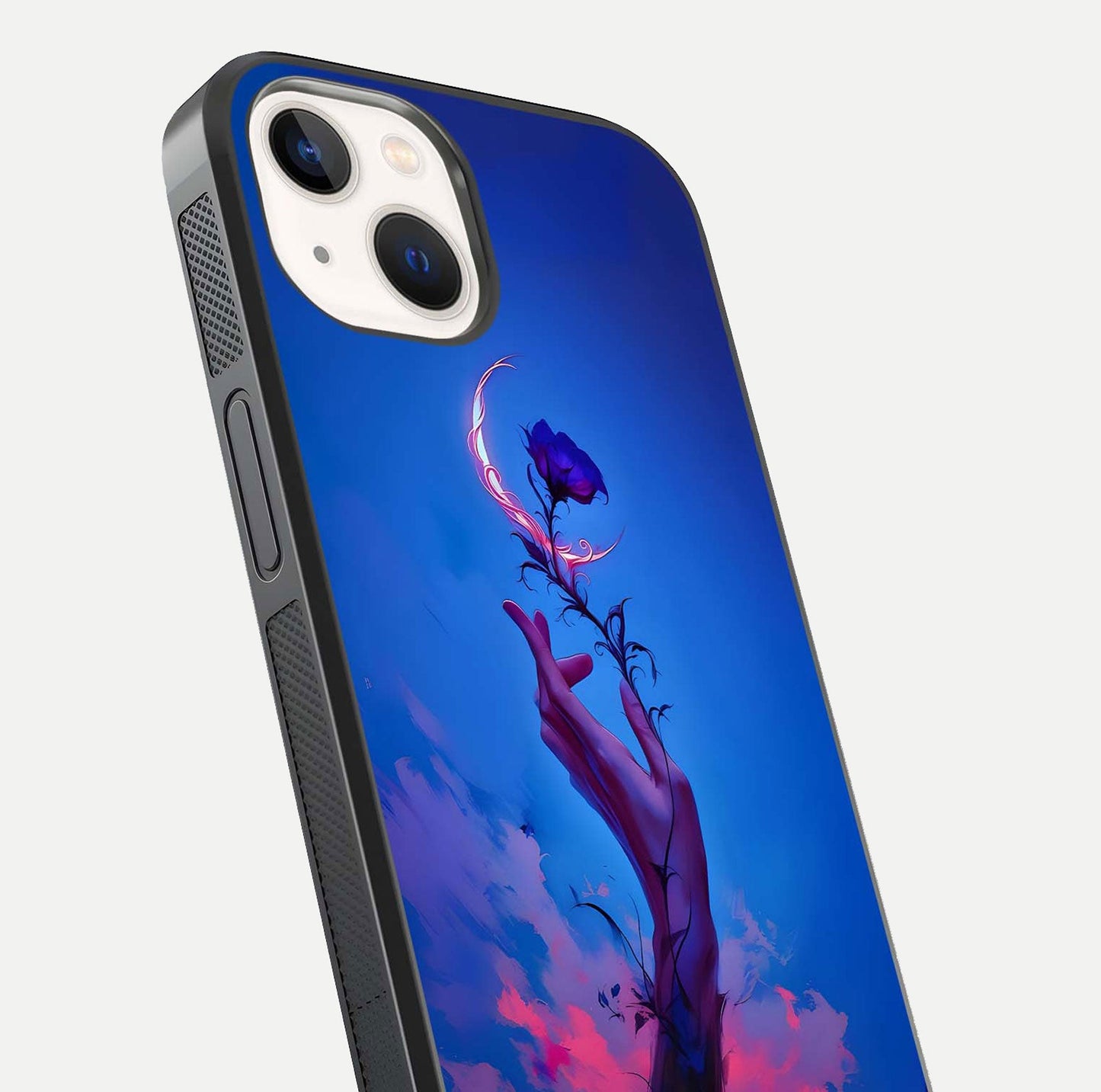 Mystic Hand Glass Case for iPhone 14 close-up angled shot showing spiritual markings and reflection