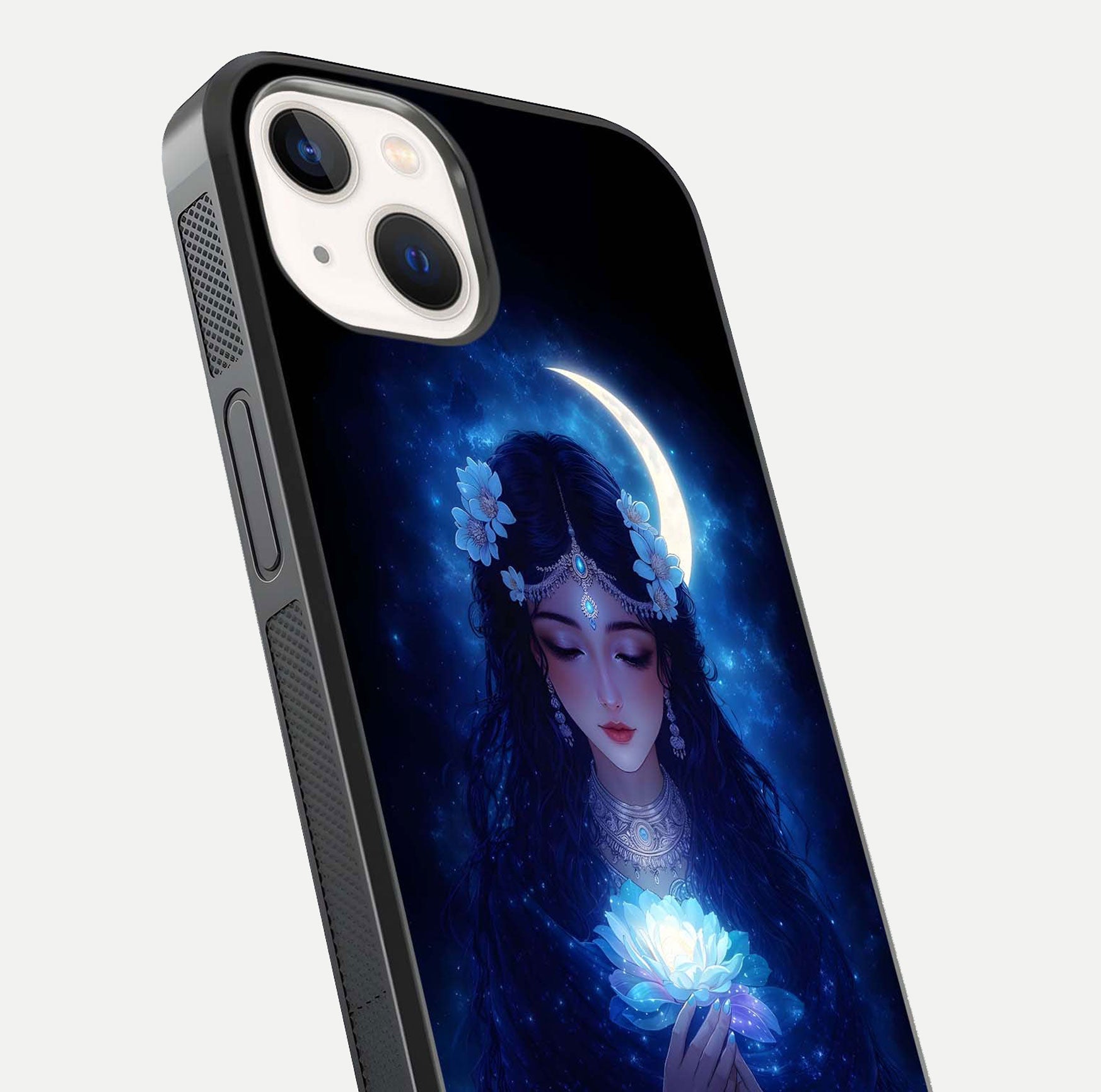 Mystic Moon Queen Glass Case for iPhone 14 close-up angled shot showing shine and lunar tones