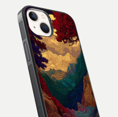 Mystic Valley Light Glass Case for iPhone 14 close-up angled shot highlighting gradient sky and reflection