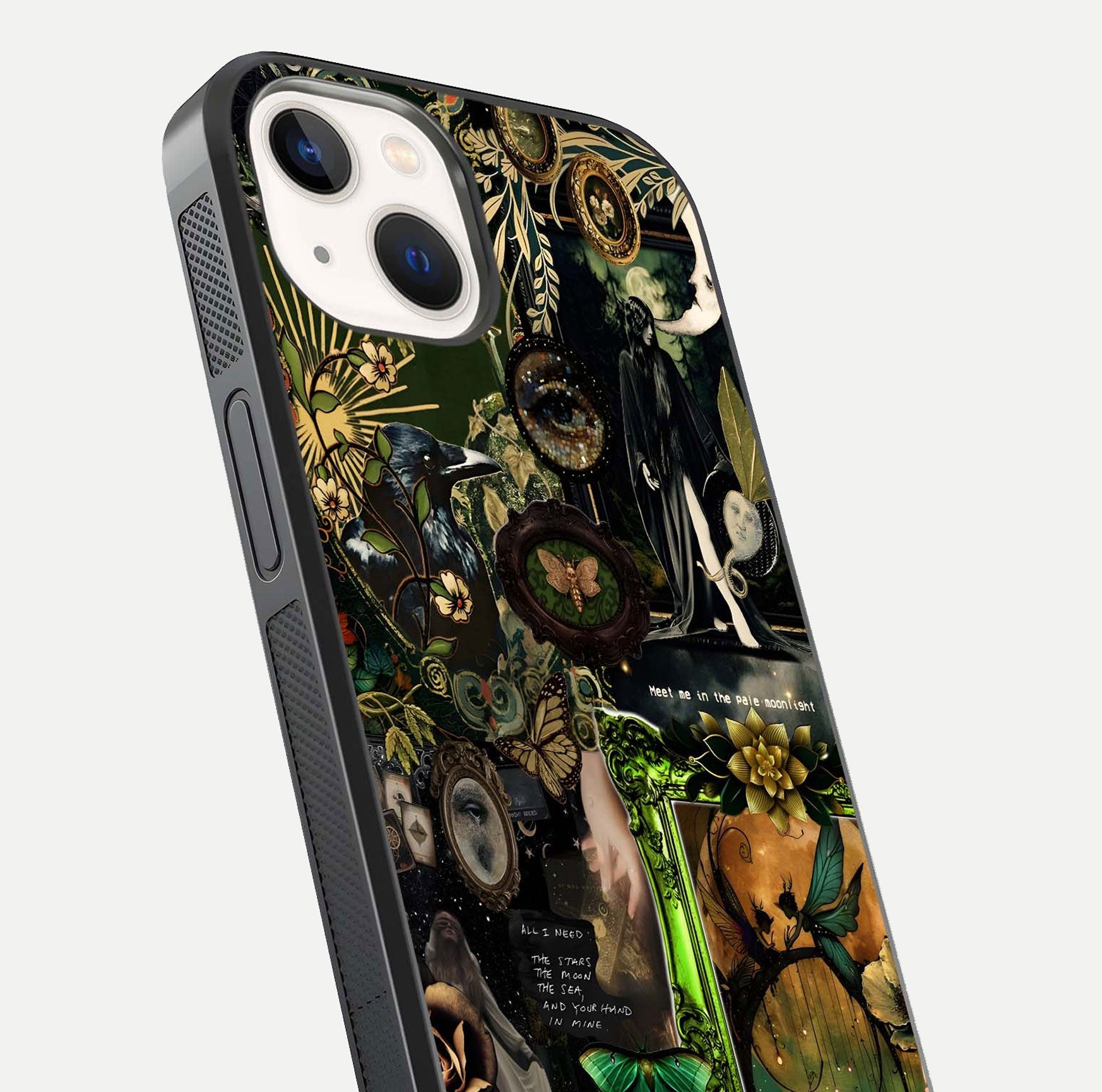Mystic Woods Secret Glass Case for iPhone 14 close-up angled shot highlighting tree texture and reflection