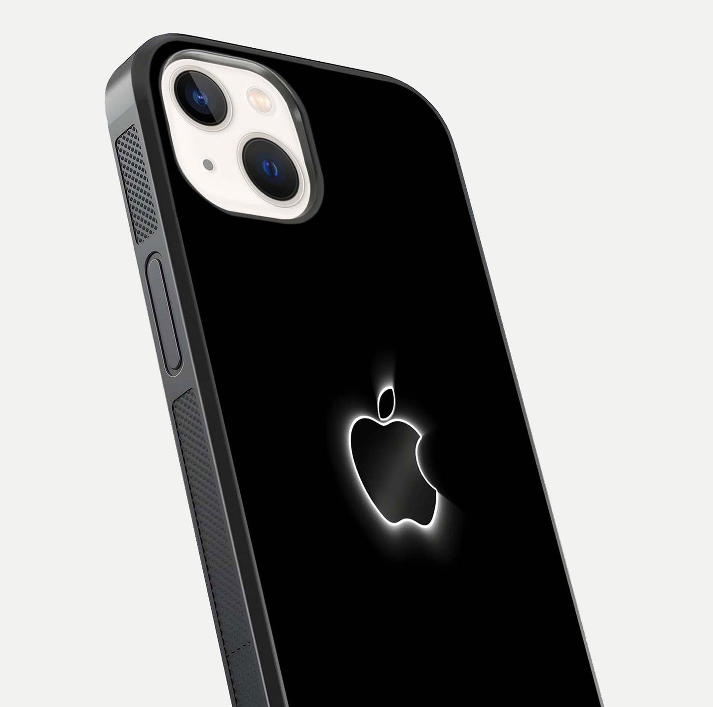 Neon Apple Glow Glass Case for iPhone 14 close-up angled shot highlighting neon reflection and color pop