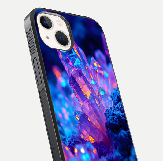 Neon Aura Shards Glass Case for iPhone 14 close-up angled shot highlighting fragment pattern and reflection