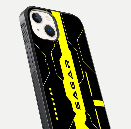 Neon CYBERPUNK Custom Name Glass Case for iPhone 14 close-up angled shot highlighting electric colors and reflection