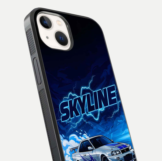 Neon Drift Beast Glass Case for iPhone 14 close-up angled shot highlighting glowing streaks and vivid reflection
