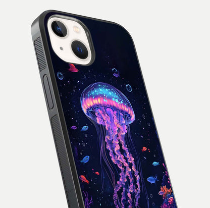 Neon Jellyfish Glass Case for iPhone 14 close-up angled shot showing translucent jellyfish and shine reflection