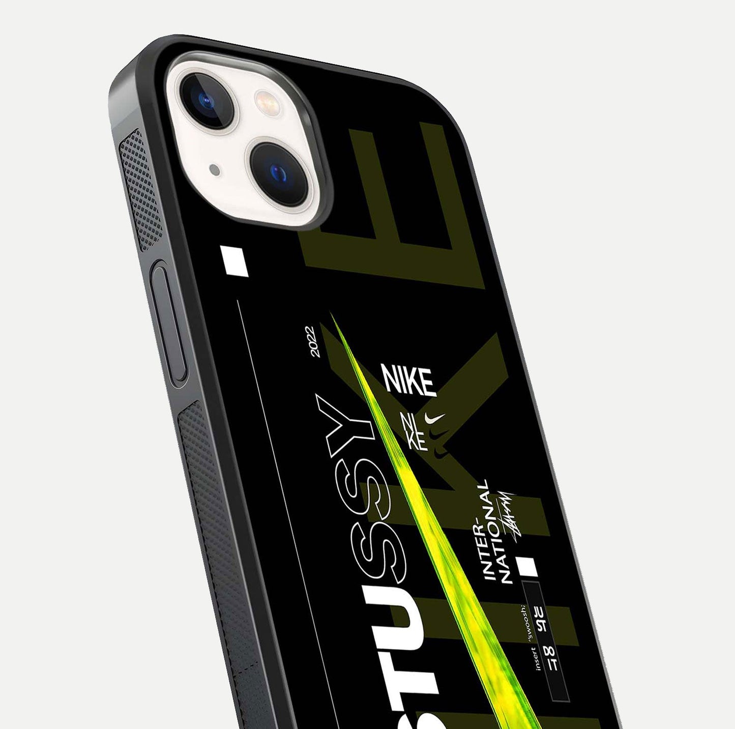 Neon Street Edition Glass Case for iPhone 14 close-up angled shot showing urban neon lights and shine
