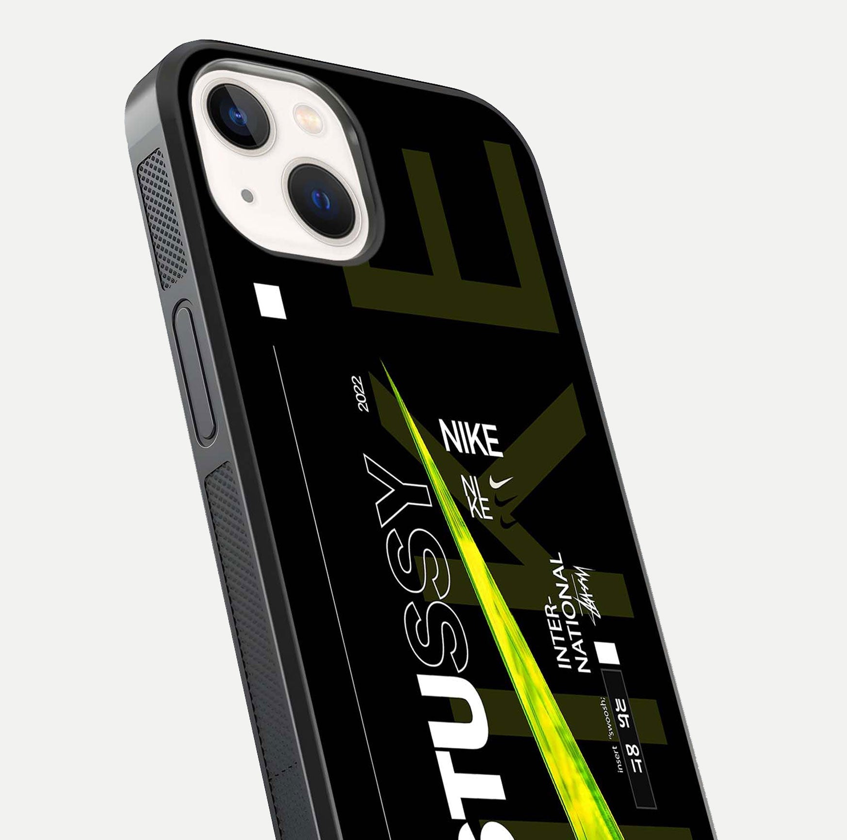 Neon Street Edition Glass Case for iPhone 14 close-up angled shot showing urban neon lights and shine