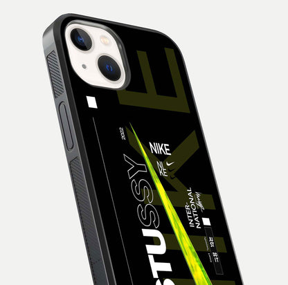 Neon Street Edition Glass Case for iPhone 14 close-up angled shot showing urban neon lights and shine