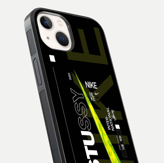 Neon Street Edition Glass Case for iPhone 14 close-up angled shot showing urban neon lights and shine