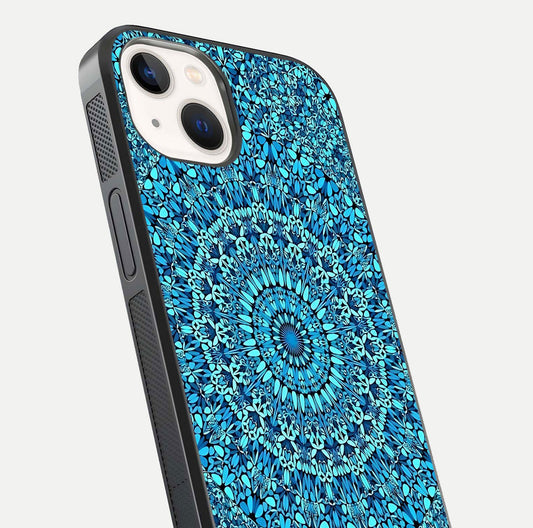 Ocean Bloom Mandala Glass Case for iPhone 14 close-up angled shot highlighting detailed mandala and reflection