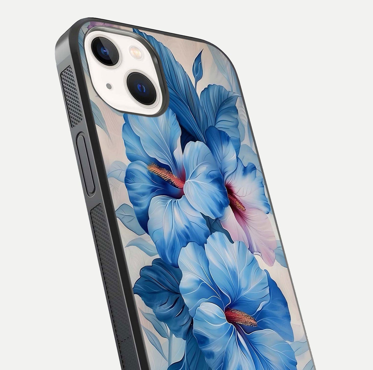 Ocean Hibiscus Grace Glass Case for iPhone 14 close-up angled shot highlighting floral glow and HD shine