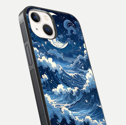 Ocean Moon Waves Glass Case for iPhone 14 close-up angled shot showing HD reflection and calm tones
