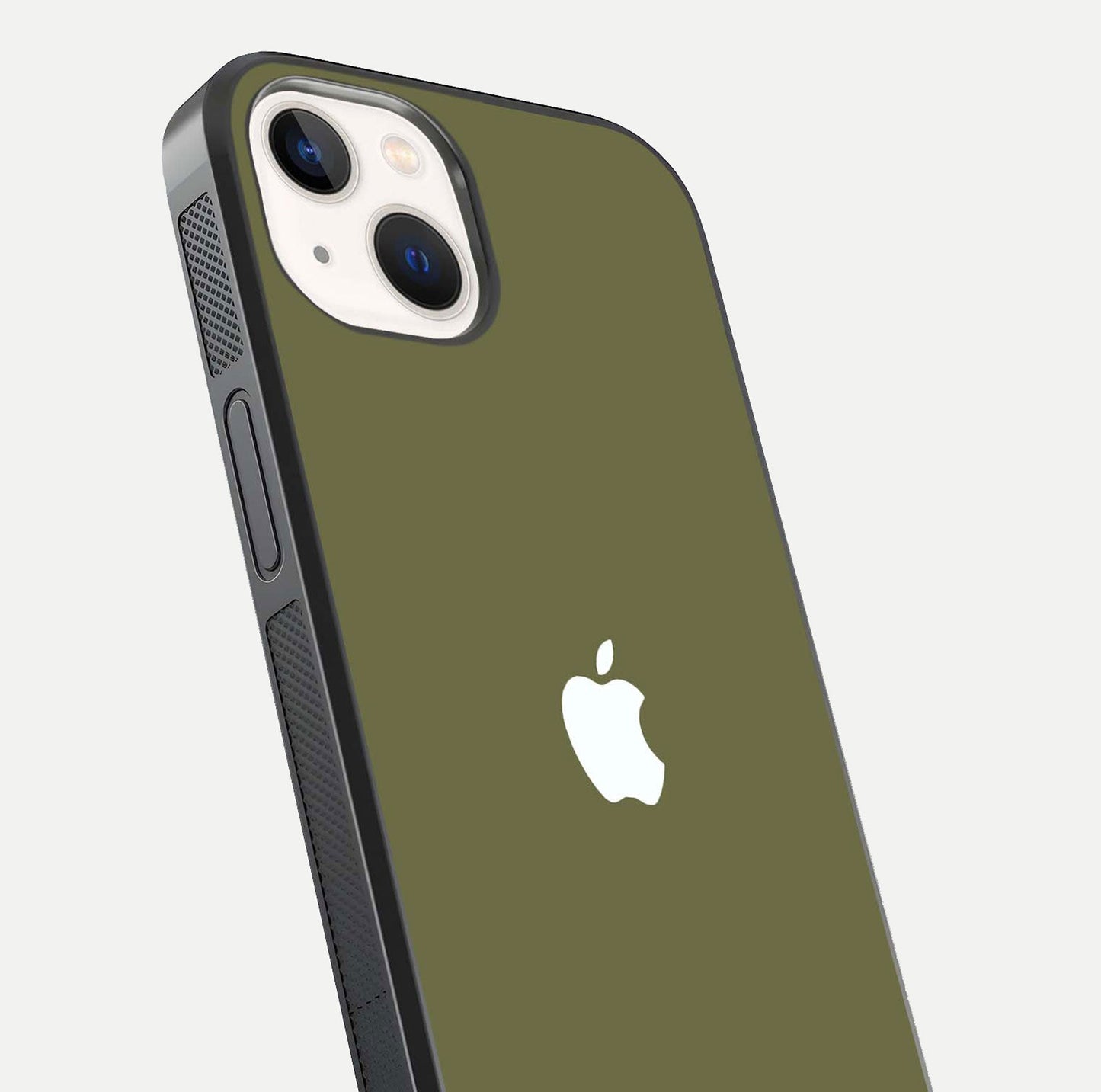 Olive Matte Essence Glass Case for iPhone 14 close-up angled shot showing soft reflection and minimal finish