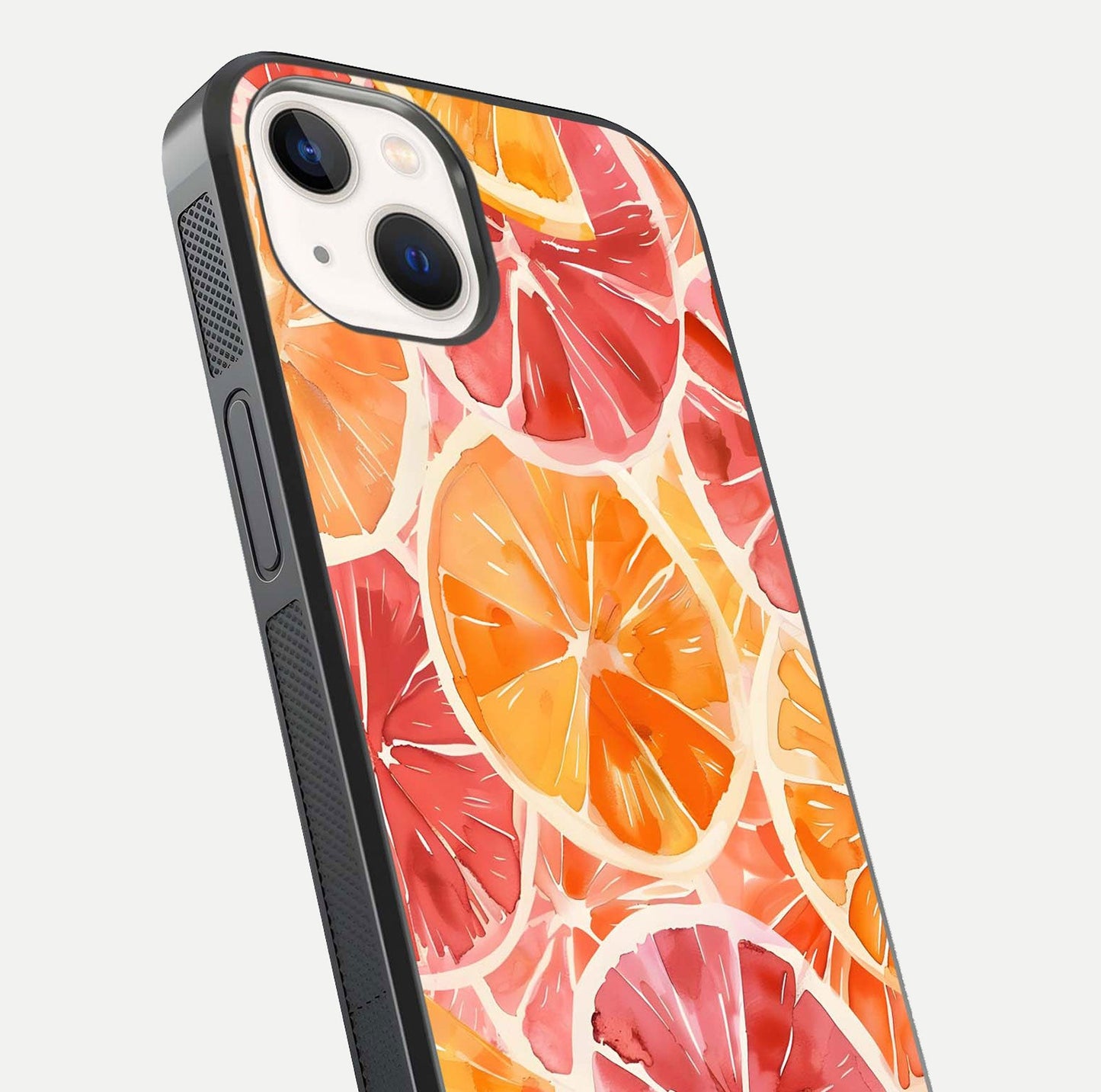 Orange Fruits Pattern Glass Case for iPhone 14 close-up angled shot showing juicy fruit texture and reflection