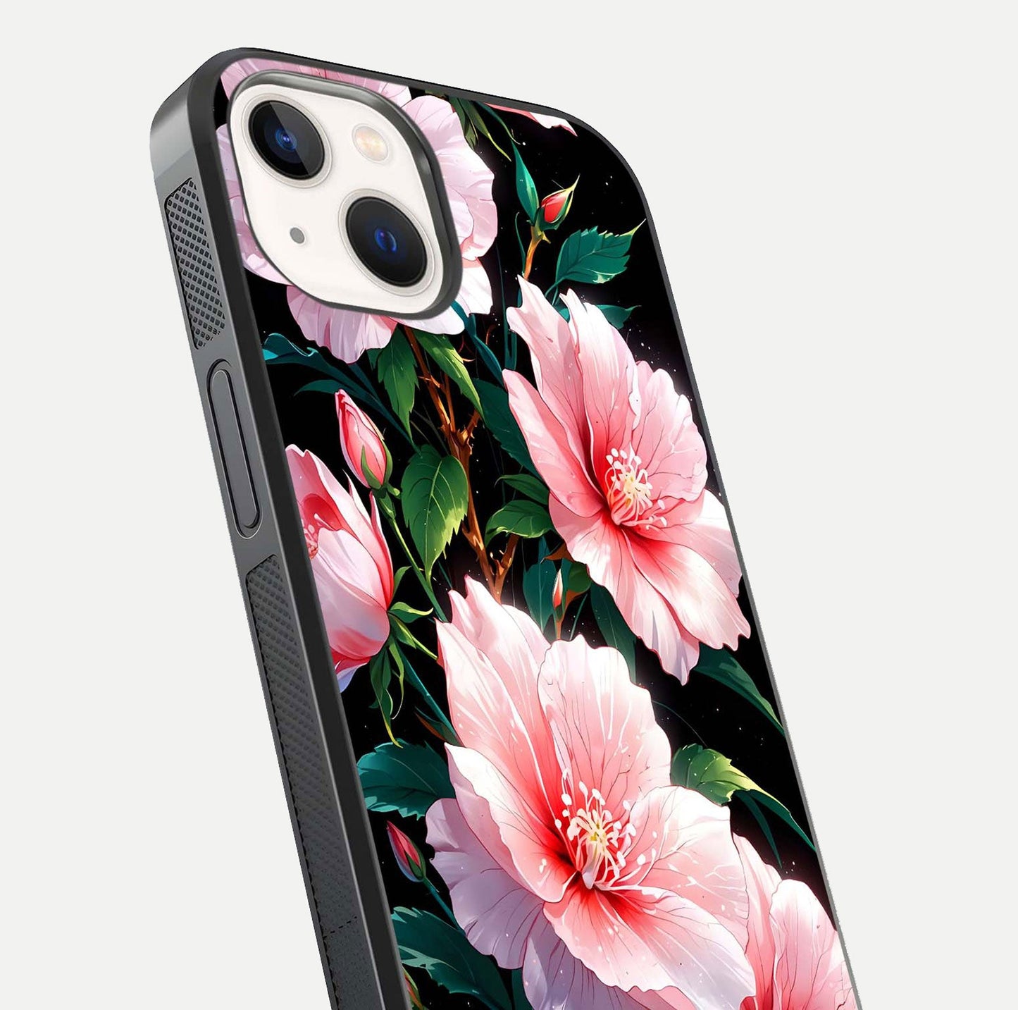 Peach Flower Glass Case for iPhone 14 close-up angled shot highlighting floral petals and HD glass reflection