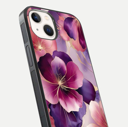 Pink Bouquet Florals Glass Case for iPhone 14 close-up angled shot showing bouquet details and reflection