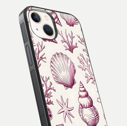 Pink Shells Outline Glass Case for iPhone 14 close-up angled shot showing fine shell lines and reflection