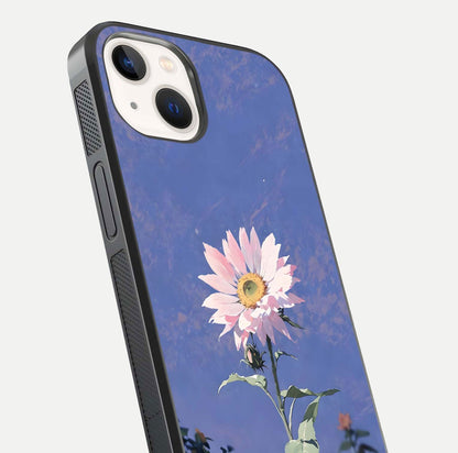 Pink Sunflower Glow Glass Case for iPhone 14 close-up angled shot highlighting petal texture and reflection