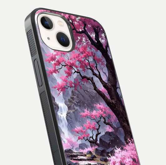Pinkish Scenery Glass Case for iPhone 14 close-up angled shot showing reflection and gradient color blend