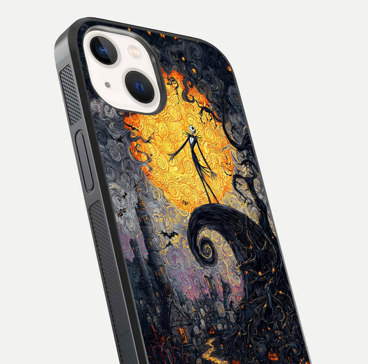Pumpkin Moon Night Glass Case for iPhone 14 close-up angled shot showing moon reflection and Halloween glow