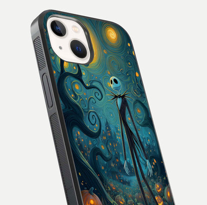 Pumpkin Moonlight Tale Glass Case for iPhone 14 close-up angled shot highlighting reflection and vibrant glow