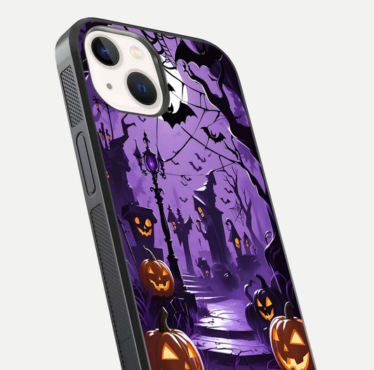 Pumpkin Patch Halloween Glass Case for iPhone 14 close-up angled shot highlighting pumpkin texture and shine