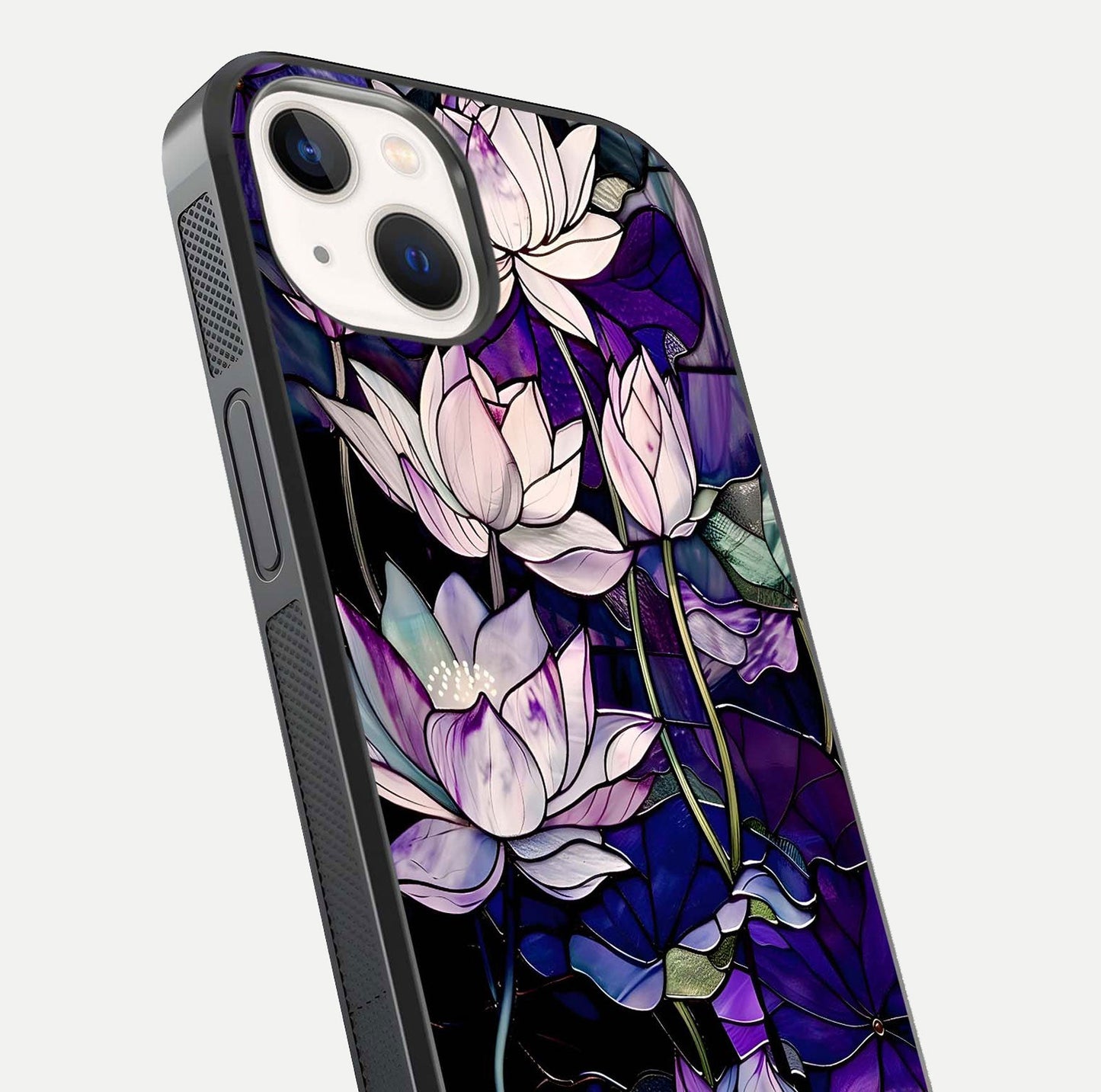 Purple Lotus Pattern Glass Case for iPhone 14 close-up angled shot showing petal texture and HD reflection