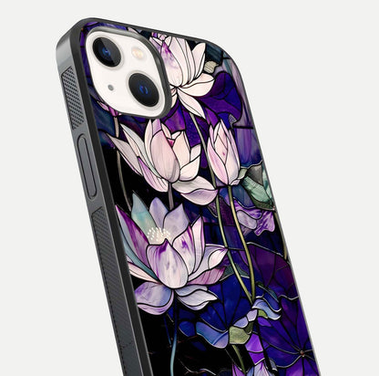 Purple Lotus Pattern Glass Case for iPhone 14 close-up angled shot showing petal texture and HD reflection