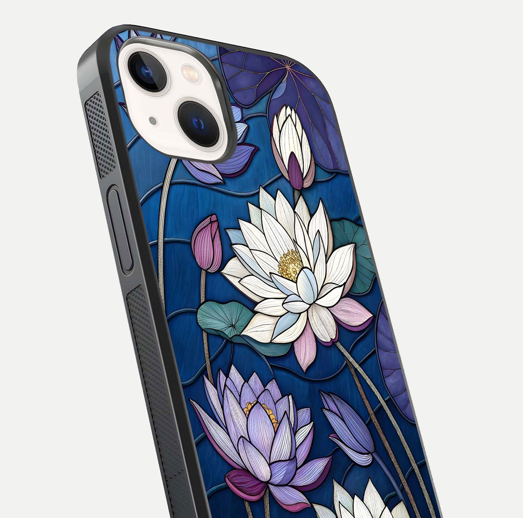 Purple Lotus Stained Glass Case for iPhone 14 close-up angled shot highlighting glass pattern and reflection