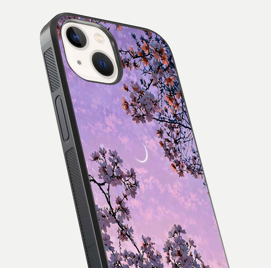 Purple Serenity Moon Glass Case for iPhone 14 close-up angled shot showing reflection and gradient purple hues