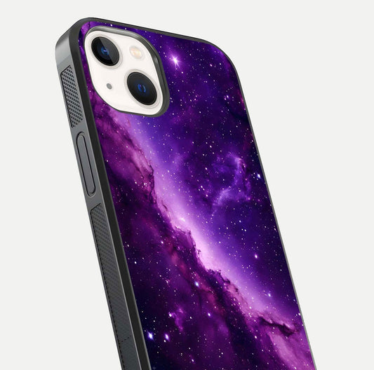 Purple Shade Sky Glass Case for iPhone 14 close-up angled shot highlighting color gradient and reflection