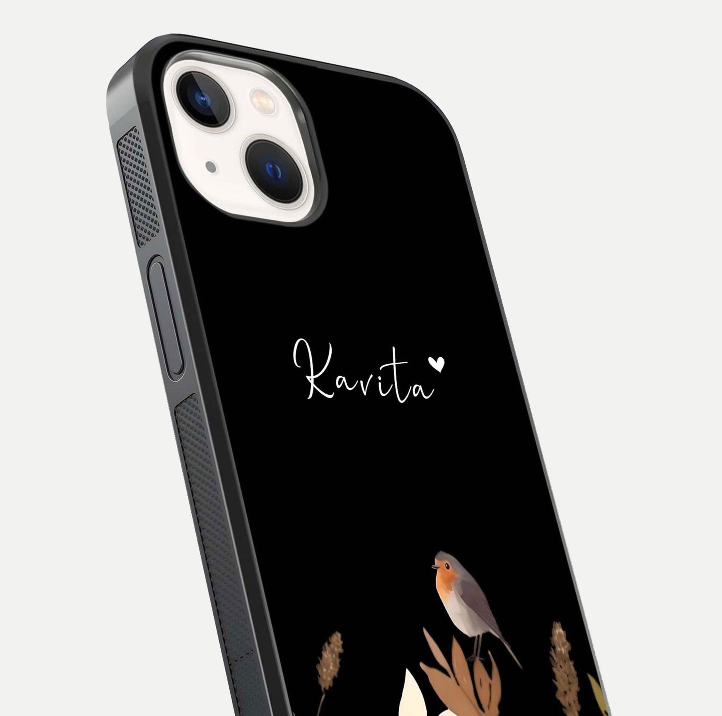 Quiet Garden Tune Custom Name Glass Case for iPhone 14 close-up angled shot showing soft tones and gloss reflection