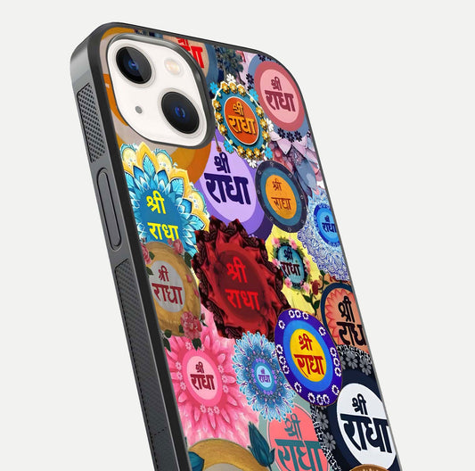 Radha Divine Bloom Glass Case for iPhone 14 close-up angled shot highlighting divine detailing and shine